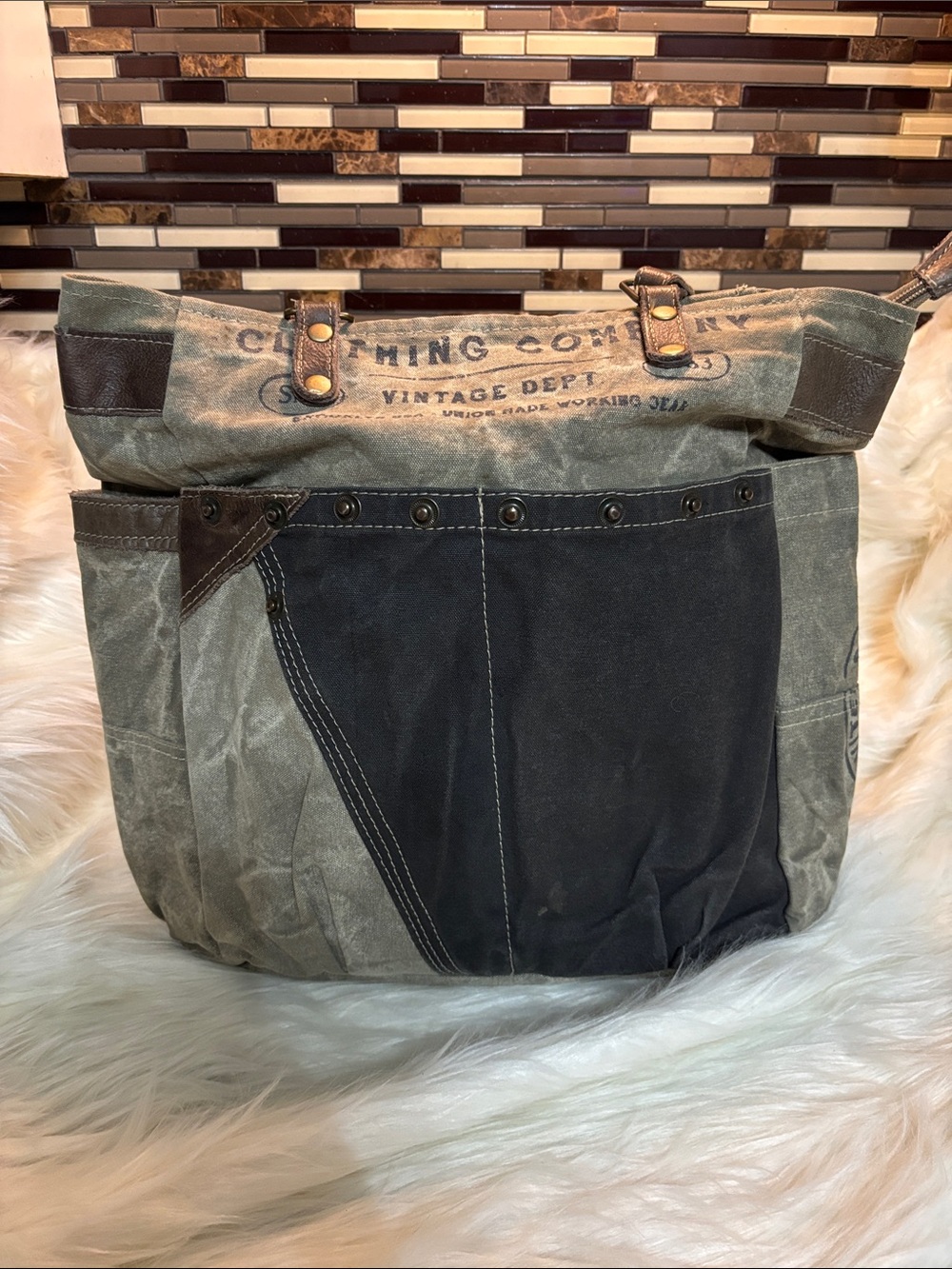 Myra Bag Olive Green and Black Canvas Tote with Leather Trim